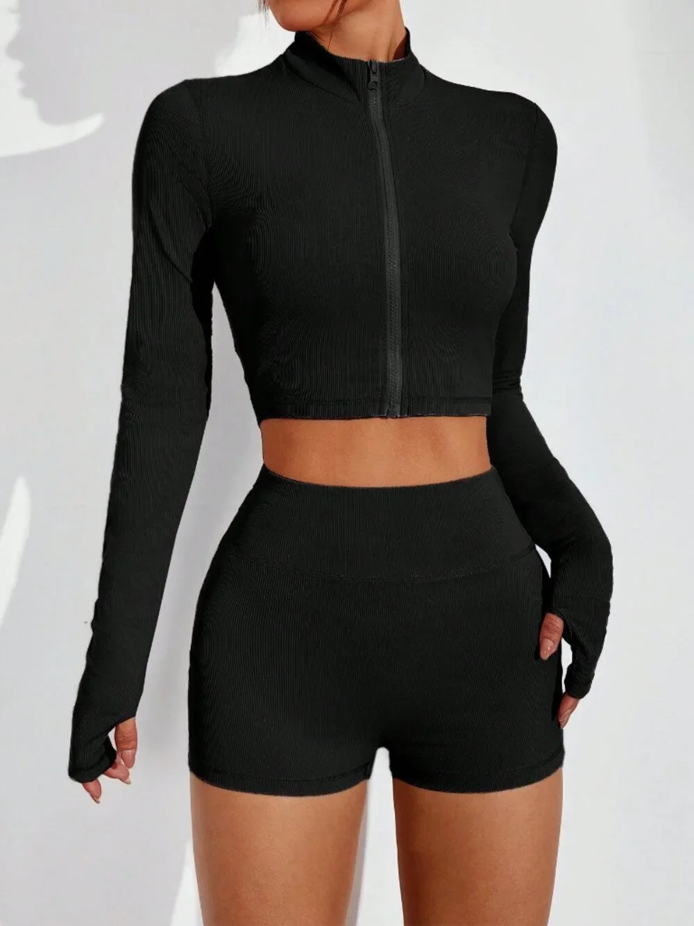 Black Yoga Women's Set with Tank Top, High Waist Shorts & Thumb Hole Jacket